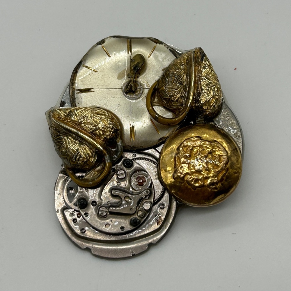 Steampunk Assemblage Art Handmade Pin brooch Signed